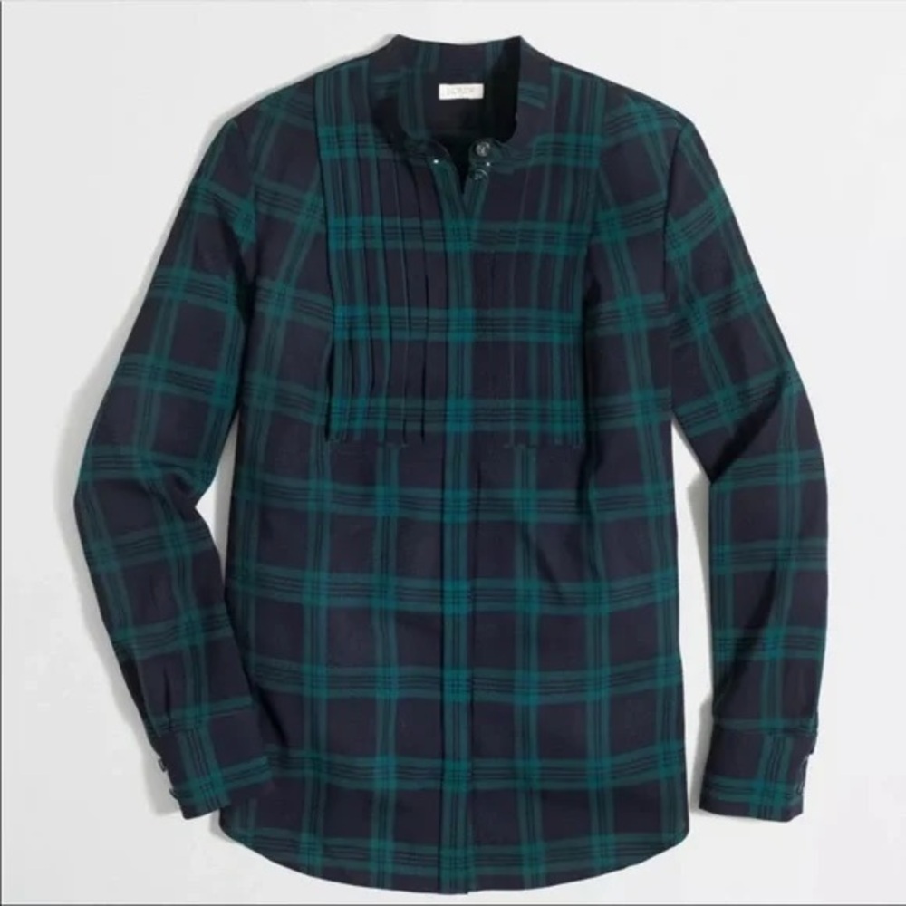 J crew drapey tuxedo top in navy and green plaid